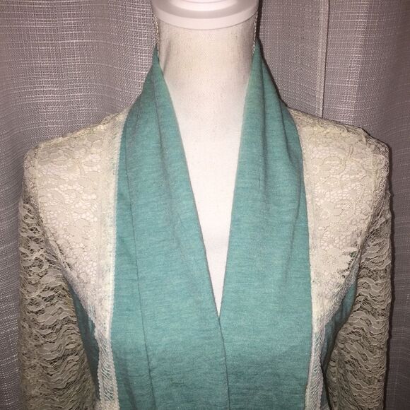 Cream Lace & Mint Green Jacket Medium Open Front Cardigan Jacket Spring - Picture 4 of 9